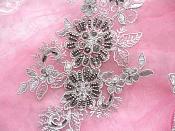 Embroidered Lace Applique Mirror Pair Floral design accented w/ Pewter Sequins and Beads Grey Silver Color 7" (DH50)