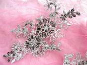 Embroidered Lace Applique Mirror Pair Floral design accented w/ Pewter Sequins and Beads Grey Silver Color 7" (DH50)