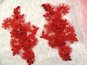 Appliques Floral Venise Lace Red Mirror Pair Sequin Beaded 7" (DH50X-rd)