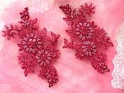 Embroidered Lace Applique Mirror Pair Floral design accented w/ Sequins and Beads Burgundy Wine Color 7" (DH50)