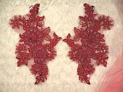 Embroidered Lace Applique Mirror Pair Floral design accented w/ Sequins and Beads Burgundy Wine Color 7" (DH50)