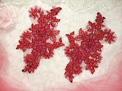 Embroidered Lace Applique Mirror Pair Floral design accented w/ Sequins and Beads Burgundy Wine Color 7" (DH50)