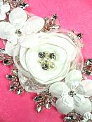 DH53 Floral 3D Applique White Satin Flower Crystal Glass Rhinestone Silver Beaded Pearl Bridal Patch 9"