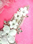 DH53 Floral 3D Applique White Satin Flower Crystal Glass Rhinestone Silver Beaded Pearl Bridal Patch 9"