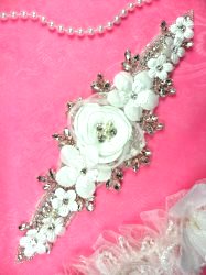 DH53 Floral 3D Applique White Satin Flower Crystal Glass Rhinestone Silver Beaded Pearl Bridal Patch 9"