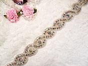 RMDH58 31" Iron On Trim Silver Aurora Borealis Beaded Glass Crystal Rhinestone Bridal Sash Banding
