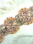 DH64 Crystal Glass Rhinestone Trim Clear Rose Gold Settings Pearls And Beads Iron On 2"