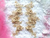 3D Lace Appliques Gold Beige Floral Embroidered Mirror Pair 10.5" (DH65X)