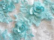3D Lace Appliques Lt. Turquoise Floral Embroidered Mirror Pair 10.5" (DH65X)