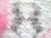 3D Lace Appliques Pewter Silver Floral Embroidered Mirror Pair 10.5" (DH65X)