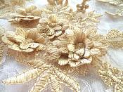 3D Embroidered Appliques Gold Beige Floral Venice Lace Mirror Pair 8.25" Beautiful (DH68X)