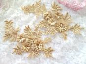3D Embroidered Appliques Gold Beige Floral Venice Lace Mirror Pair 8.25" Beautiful (DH68X)