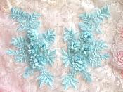 3D Embroidered Appliques Light Blue Floral Venice Lace Mirror Pair 8.25" (DH68X)