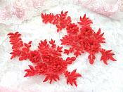 3D Embroidered Lace Appliques Red Floral Lace Mirror Pair 8.25" Beautiful (DH68X)