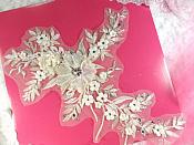 Embroidered 3D Applique Ivory Floral Sequin Patch Rhinestone Center 14" (DH70)