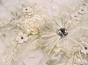Embroidered 3D Applique Ivory Floral Sequin Patch Rhinestone Center 14" (DH70)