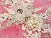 Embroidered 3D Applique Ivory Floral Sequin Patch Rhinestone Center 14" (DH70)