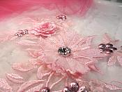Embroidered 3D Applique Pink Floral Sequin Patch Rhinestone Center 14" (DH70)