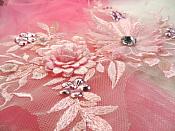 Embroidered 3D Applique Pink Floral Sequin Patch Rhinestone Center 14" (DH70)