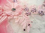 Embroidered 3D Applique Pink Floral Sequin Patch Rhinestone Center 14" (DH70)