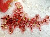 Embroidered 3D Applique Red Gold Floral Sequin Patch Rhinestone Center 14" (DH70)