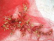 Embroidered 3D Applique Red Gold Floral Sequin Patch Rhinestone Center 14" (DH70)