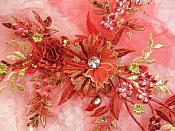 Embroidered 3D Applique Red Gold Floral Sequin Patch Rhinestone Center 14" (DH70)