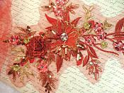 Embroidered 3D Applique Red Gold Floral Sequin Patch Rhinestone Center 14" (DH70)