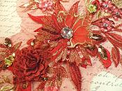 Embroidered 3D Applique Red Gold Floral Sequin Patch Rhinestone Center 14" (DH70)