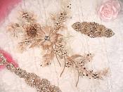 Embroidered 3D Applique Rose Gold Champagne Floral Sequin Patch Rhinestone Center 14" (DH70)