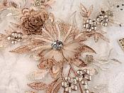 Embroidered 3D Applique Rose Gold Champagne Floral Sequin Patch Rhinestone Center 14" (DH70)