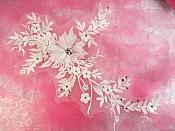 Embroidered 3D Applique Antique White Floral Sequin Patch Rhinestone Center 14" (DH70)