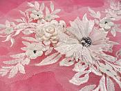 Embroidered 3D Applique Antique White Floral Sequin Patch Rhinestone Center 14" (DH70)