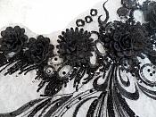 Embroidered 3D Applique Black Floral Sequin Patch Rhinestone Accented 20" (DH71)