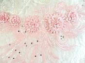 Embroidered 3D Applique Pink Floral Sequin Patch Rhinestone Accented 20" (DH71)