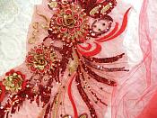 Embroidered 3D Applique Red Gold Floral Sequin Patch Rhinestone Accented 20" (DH71)