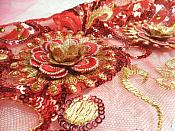 Embroidered 3D Applique Red Gold Floral Sequin Patch Rhinestone Accented 20" (DH71)