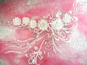 Embroidered 3D Applique White Floral Sequin Patch Rhinestone Accented 20" (DH71)
