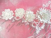 Embroidered 3D Applique White Floral Sequin Patch Rhinestone Accented 20" (DH71)
