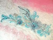 Embroidered 3D Applique Light Turquoise Floral Sequin Patch  13" (DH72)