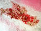 Embroidered 3D Applique Red Gold Floral Sequin Patch  13" (DH72)