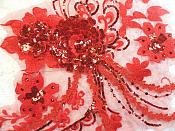 Embroidered 3D Applique Red Floral Sequin Patch Rhinestone Accented 14" (DH75)