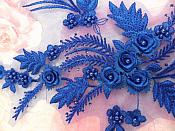 Embroidered 3D Appliques Royal Blue Floral Mirror Pair Fabulous Detail w/ Pearls 13" (DH76X)
