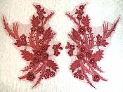 Embroidered 3D Appliques Burgundy Wine Floral Mirror Pair Fabulous Detail w/ Pearls 13" (DH76X)