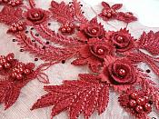 Embroidered 3D Appliques Burgundy Wine Floral Mirror Pair Fabulous Detail w/ Pearls 13" (DH76X)