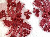 Embroidered 3D Appliques Burgundy Wine Floral Mirror Pair Fabulous Detail w/ Pearls 13" (DH76X)