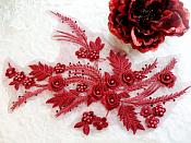 Embroidered 3D Appliques Burgundy Wine Floral Mirror Pair Fabulous Detail w/ Pearls 13" (DH76X)