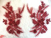 Embroidered 3D Appliques Burgundy Wine Floral Mirror Pair Fabulous Detail w/ Pearls 13" (DH76X)