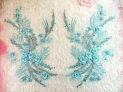 Embroidered 3D Appliques Light Blue Floral Mirror Pair Fabulous Detail w/ Pearls 13" (DH76X)