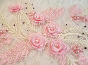 3D Embroidered Appliques Pink Ivory Floral Mirror Pair Fancy Detail w/ Pearls 13" (DH76X)